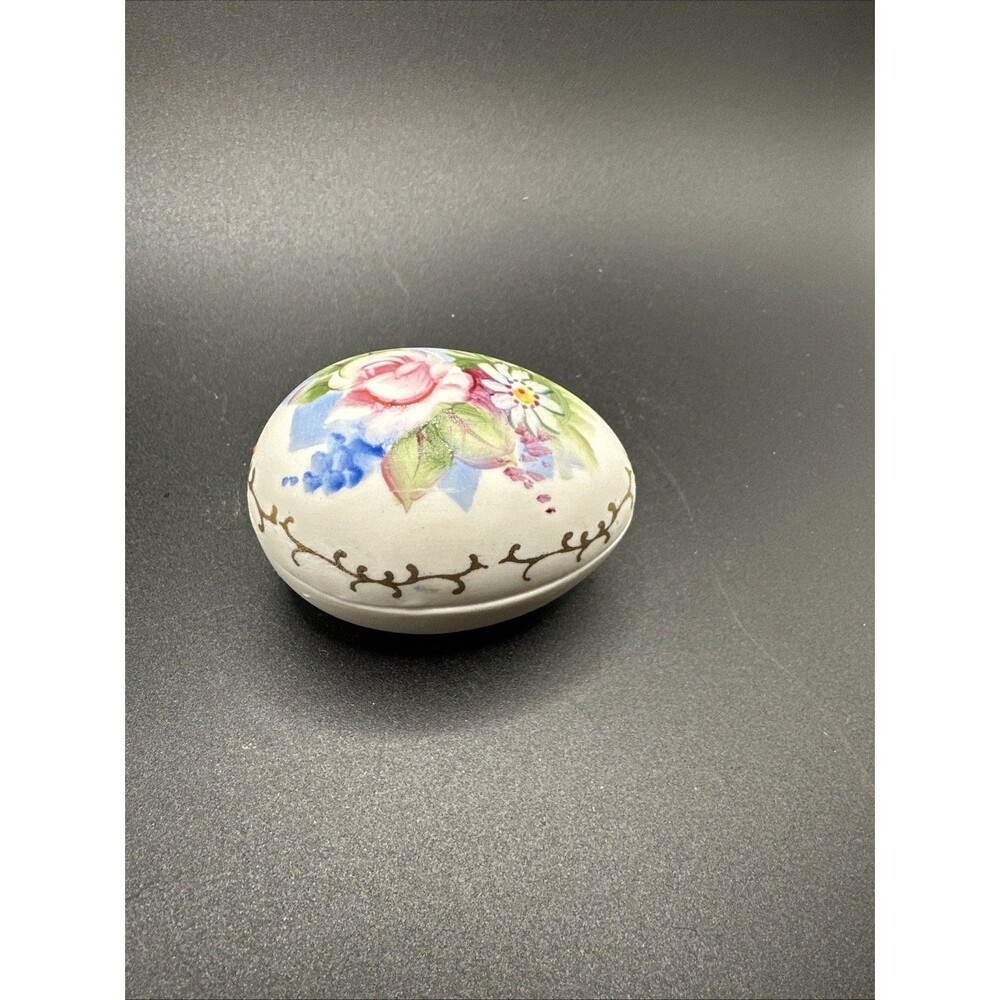 Vintage Egg Trinket Box Floral Hand Painted Bisque Porcelain Japan Easter Spring